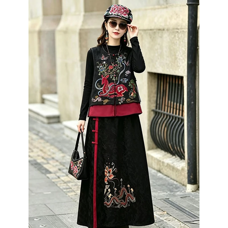 New Chinese Style Embroidered Half-length Skirt Women's Autumnal Ethnic Collar Red Edged Patchwork Elastic Waist Maxi Skirt