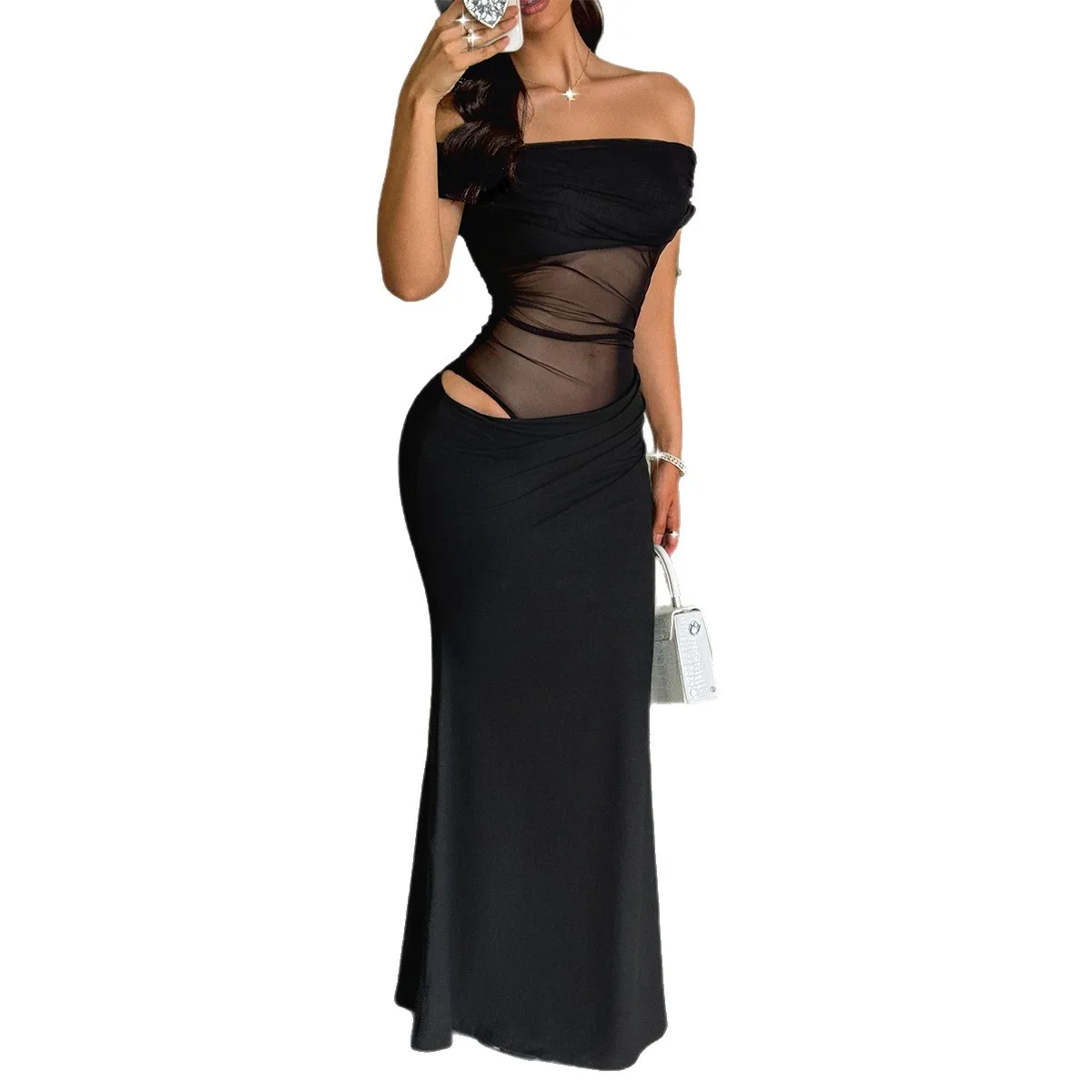 Vestido largo elegante con hombros descubiertos para mujer, otoño e invierno 2025