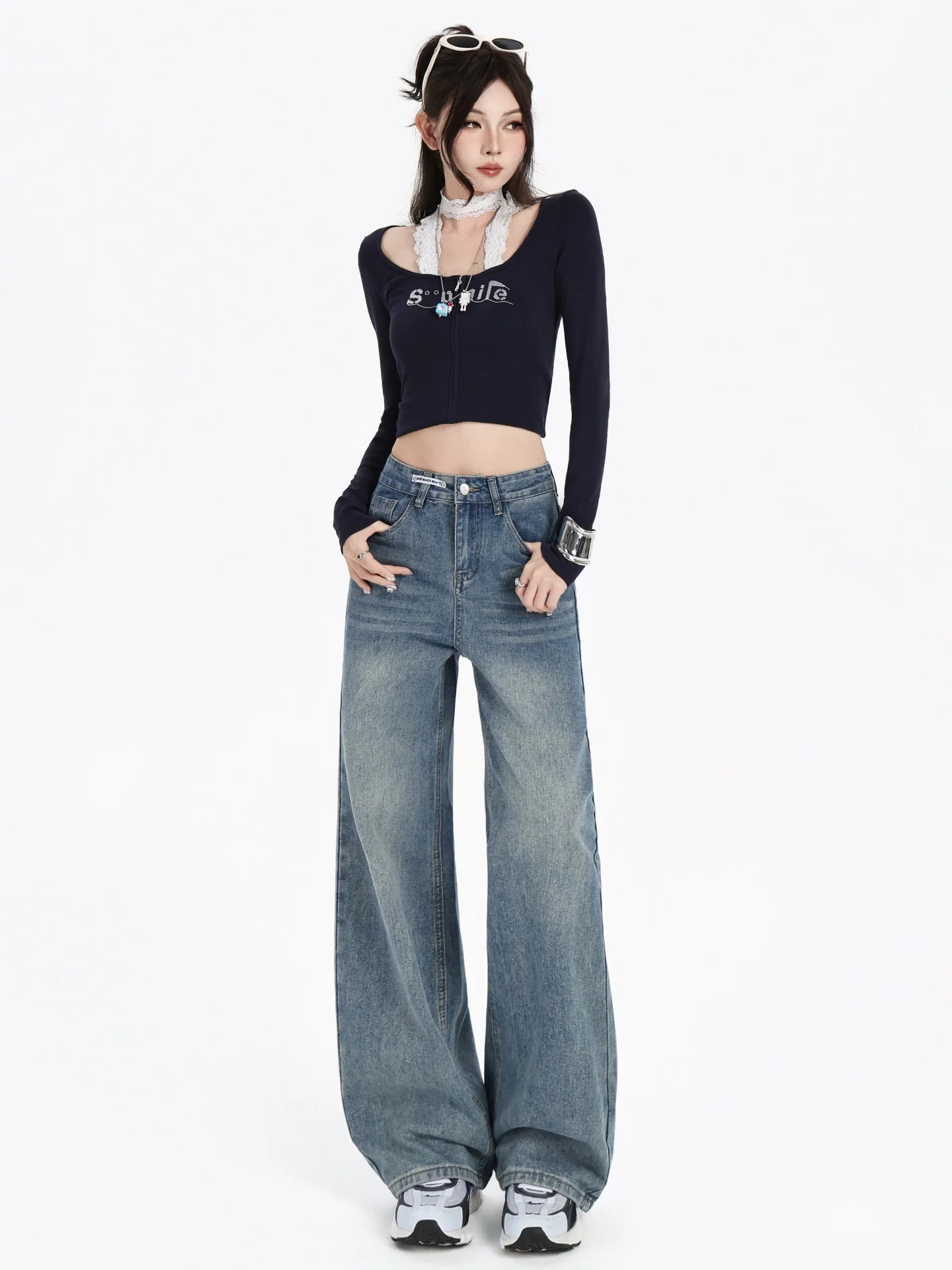 

High Waist Wide Leg Straight Cut Denim Jeans for Women plus Size Vintage Blue Ripped Casual Trousers Pear ape Body