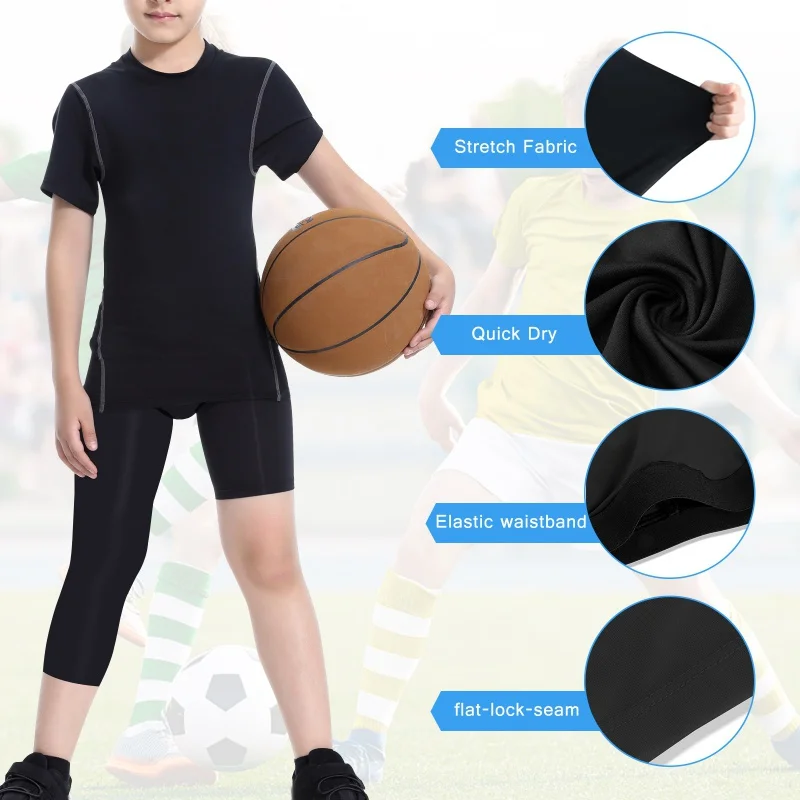 Kids Boys Basketball Leggings Quick Dry Running Football Yoga Pants - Sports Compression Fitness Wear (6-14 Years)