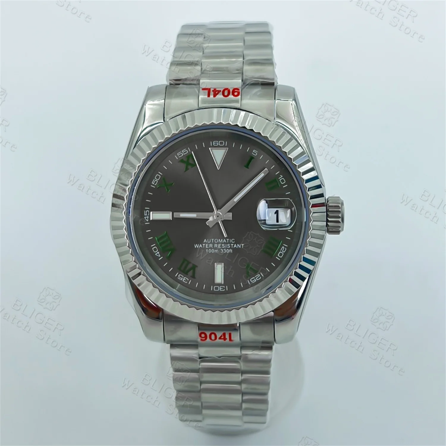 BLIGER 36 مللي متر 39 مللي متر أمة الله رمادي الهاتفي الأخضر الداكن الأرقام الرومانية NH35 التلقائي ساعة رجالية الفولاذ المقاوم للصدأ حزام الياقوت الزجاج