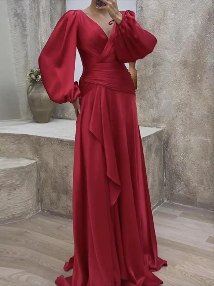 

Uoozee Fashion Elegant Bridesmaid Dresses Women Spring Puff Sleeves Solid Color V-Neck Pleated A-Line Party Dress 2024 New