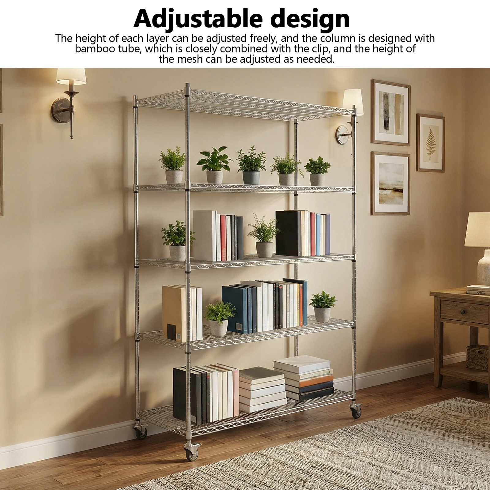 

5-Tier Stainless Steel Adjustable Rolling Shelving Unit with Wheels Heavy Duty Metal Shelf for Restaurant Garage Pantry Kitchen