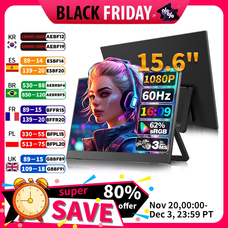 Portable Monitor 15.6 Inch Full HD Gaming Monitor Built-in Bracket VESA Wall Mount Monitor for PC Mac Mobile Xbox PS5