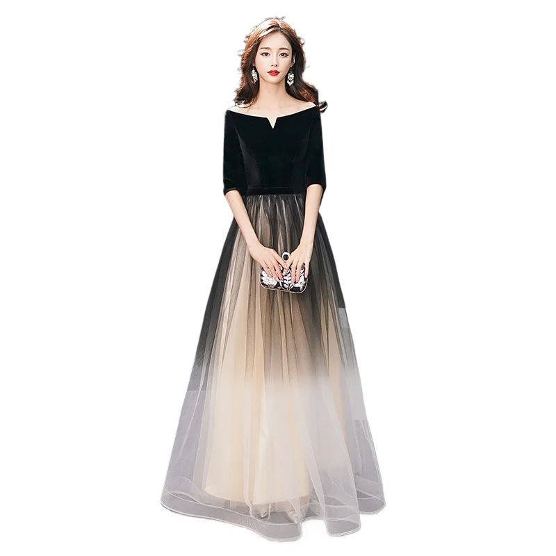

Elegant Color Block Black Formal Evening Dress With Sleeves