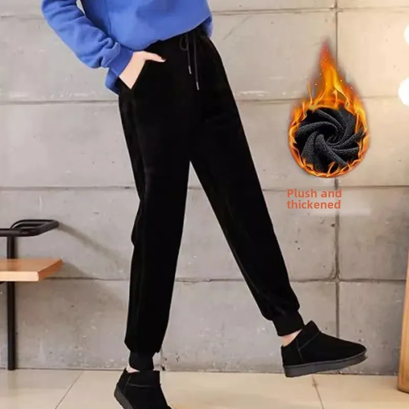 Women's Fleece-Lined Thickened Velvet Sweatpants Casual Loose-Fit Pants Warm BF Style For Autumn Winter Seasons