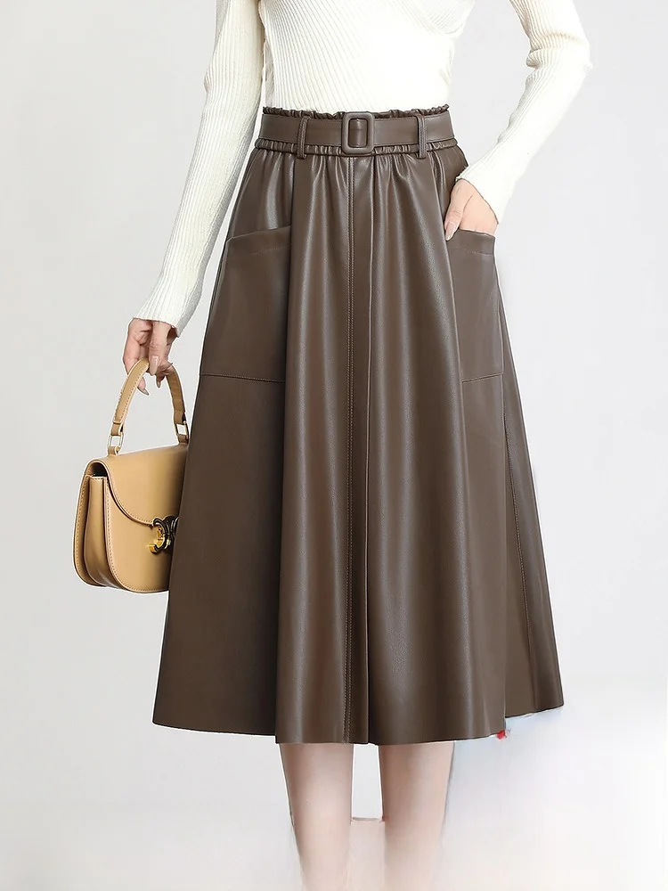 

Юбка из натуральной кожи женская, средней длины, А-силуэт, с высокой талией, утягивающая, из овчины, весна-осень, новая, повседневная одежда