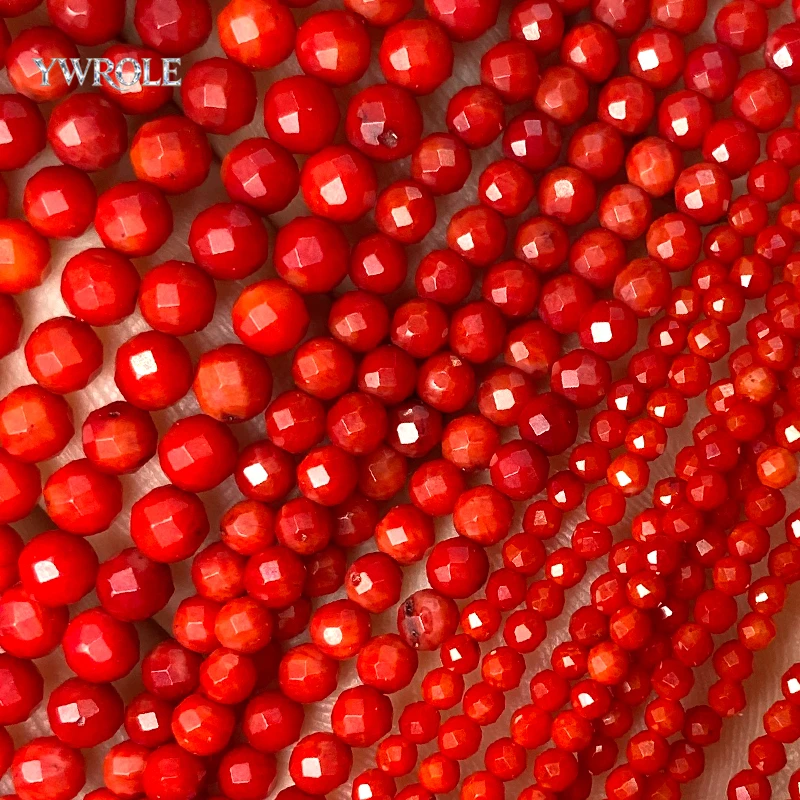 Faceted Round 2 3 4mm Natural Stone Coral Red Loose Spacer Beads for Jewelry Making Diy Bracelets Charms Accessories 15''