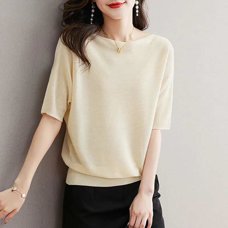 

Knitted Sweater Women Pullovers New Short Sleeve Slash Neck Black Knit Sweater Pullover Women Tops Sweaters Women Clothing Q1215