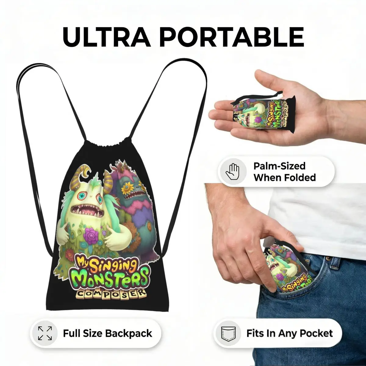 My Singing Monster Cartoon Drawstring Backpack hiking cycling Bag Portable Travel Drawstring Bag for Men Women