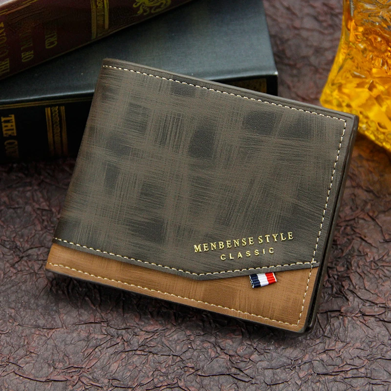 New Men's Wallet Short Cross Section Youth Tri-fold Wallet Stitching Business Multi-card Zipper Coin Purse Wallet Passport Cover