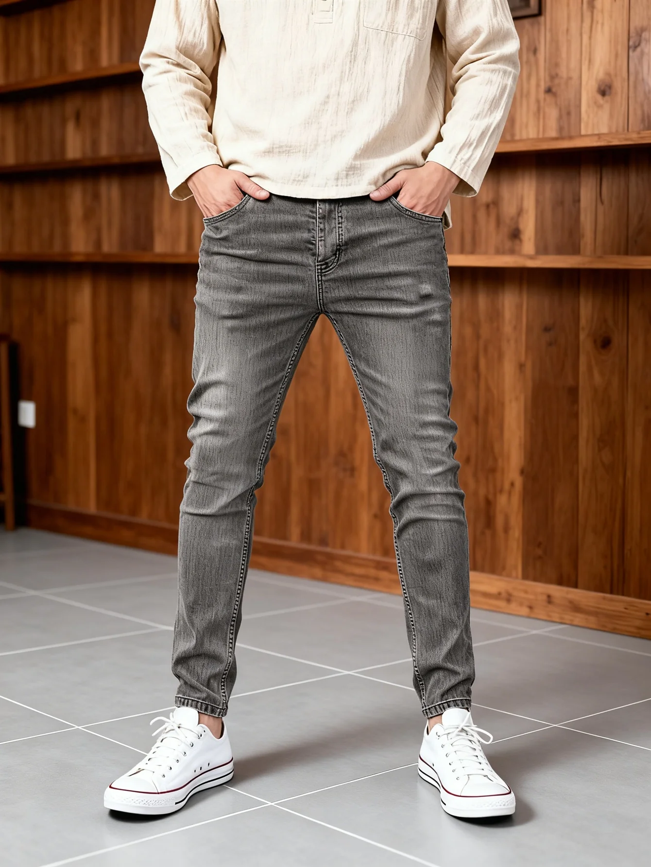 

Современные серые джинсы Y2K для мужчин, облегающие, оригинальный стиль Drip, повседневные джинсовые брюки, без аксессуаров и ремней