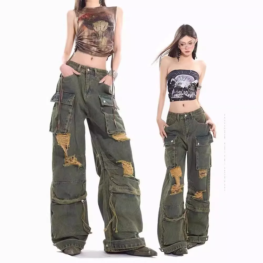 

Unisex Cargo Jeans 2025 Retro Wasteland Vibe Cargo Jeans Women's Plus Size Multi Pocket Distressed Wide Leg Slimming Pants