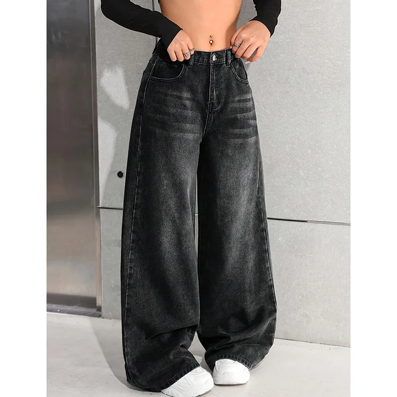2026 High Street Lady Loose Wide Leg Jeans Women Casual Straight Leg Denim Pants Girls Solid High Waist Trousers