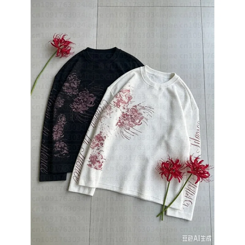 Fashionable Classics Round Neck Long Sleeved Versatile Loose T-shirt Y2K Streetwear Retro Personalized Creative Waffle KidTop