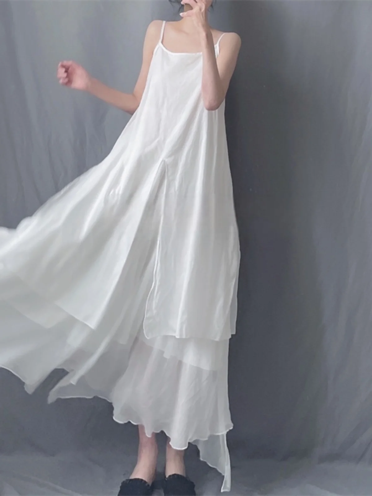 Vestido Longo de Verão F com Alças Ultra Longas em Tule de Três Camadas, Saia Solta em A, Estilo Vintage com Barra Ass...