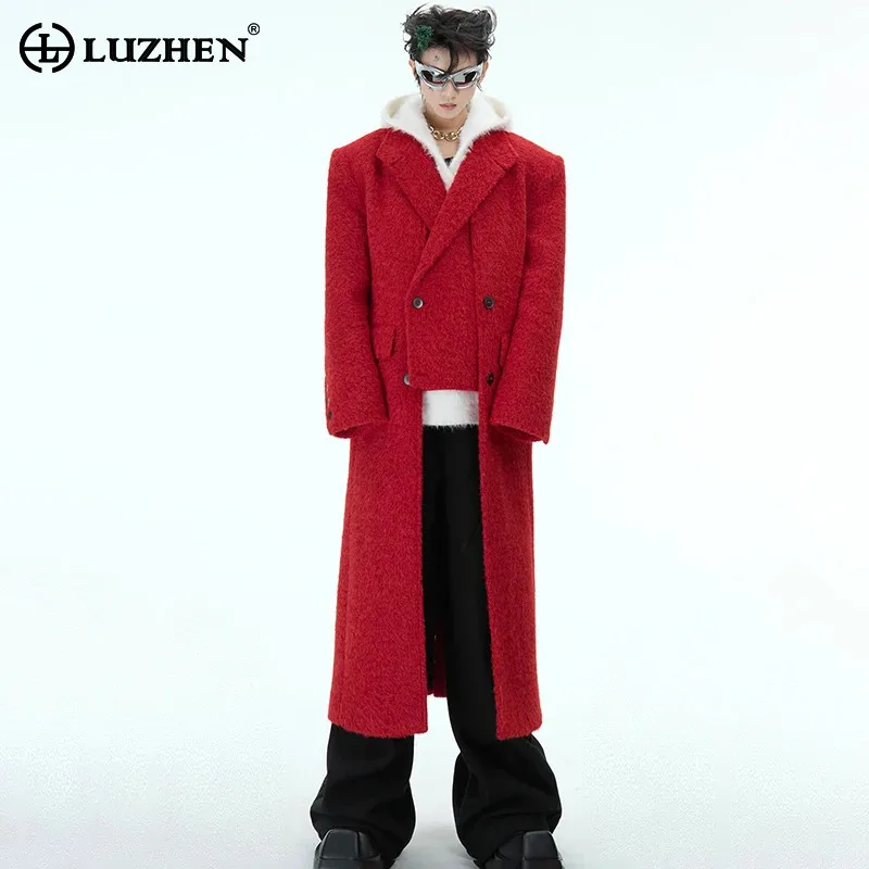 LUZHEN Woolen Coat Long Irregular Design Original Designer Elegance Thick Double Breasted Splicing Male Trench Overcoat LZ8187