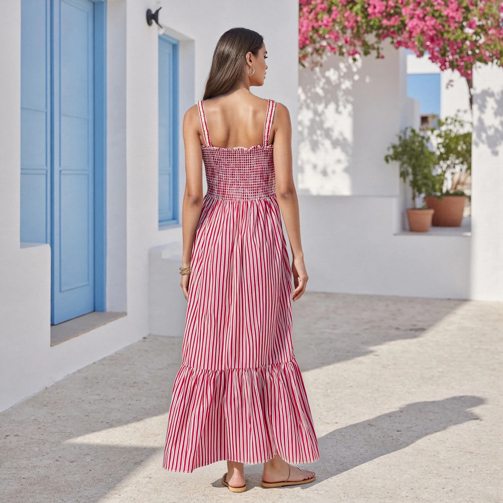 Nieuwe dames mouwloze jurk casual zomer gestreepte print backless a-lijn feestjurk voor vakantie cocktail strand streetwear