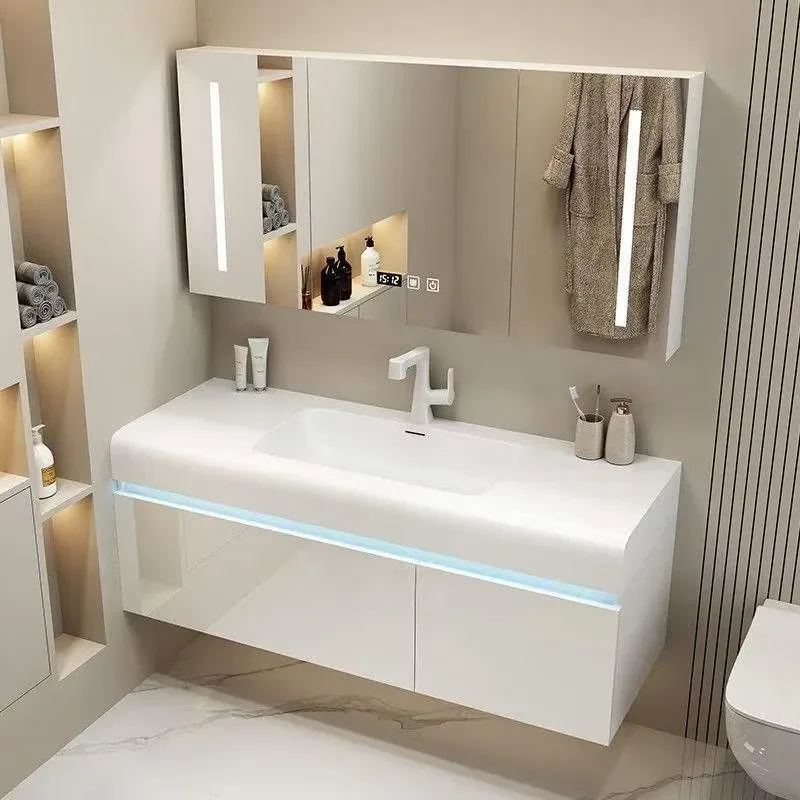 STLF Wholesale White Solid Wood Bathroom Furniture with Mirror Clock Bathroom Vanity Cabinet Modern Bathroom Cabinet