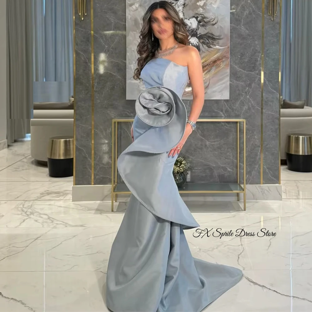 Mermaid Pure Silver Satin 3D Flowers Customized Evening Dresses Strapless Sleeveless Homecoming Dresses Court Train Party Gowns