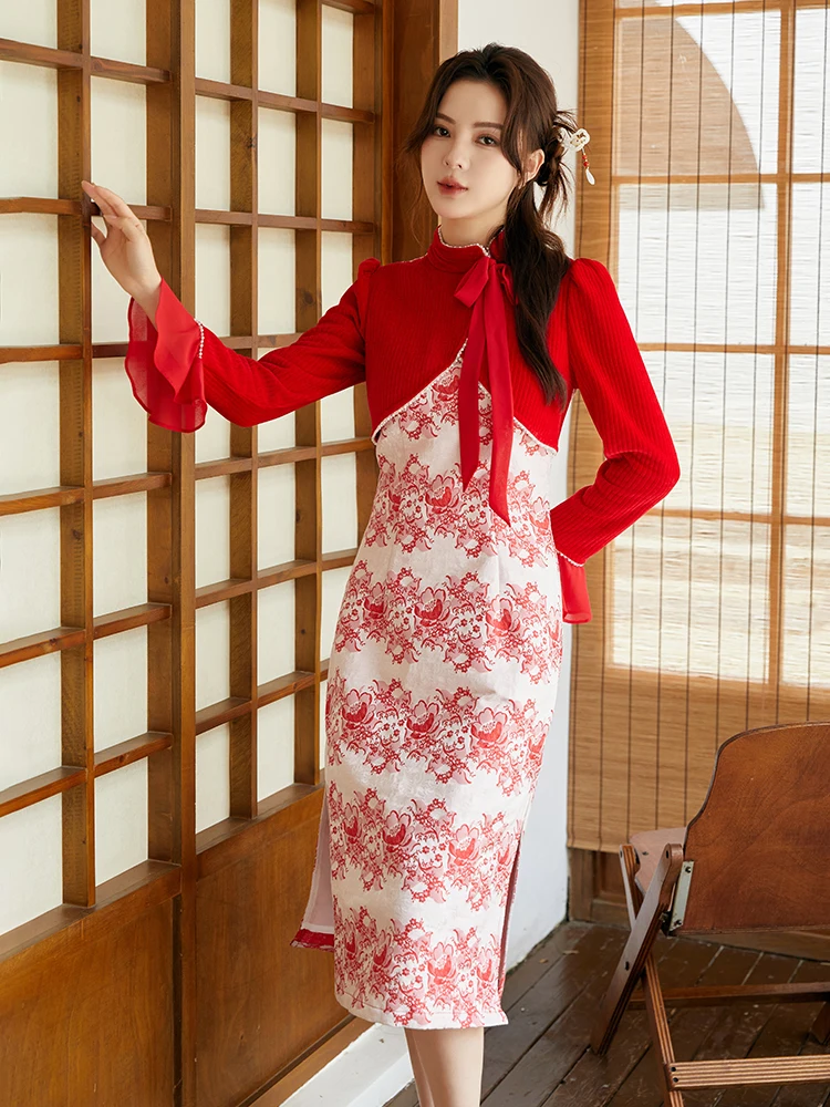 

Красное улучшенное ципао в китайском стиле с узлом, длинными рукавами, модное, элегантное, для повседневной носки, женское