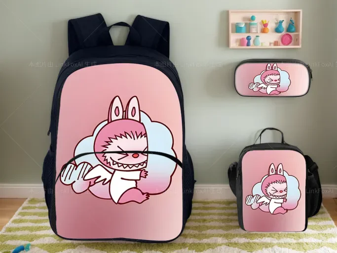 

Labubu Canvas Cartoon Backpack,Insulated Lunch Bag,Pencil Case 3Pcs Set,Boy Girl Back to School Lightweight Bookbag