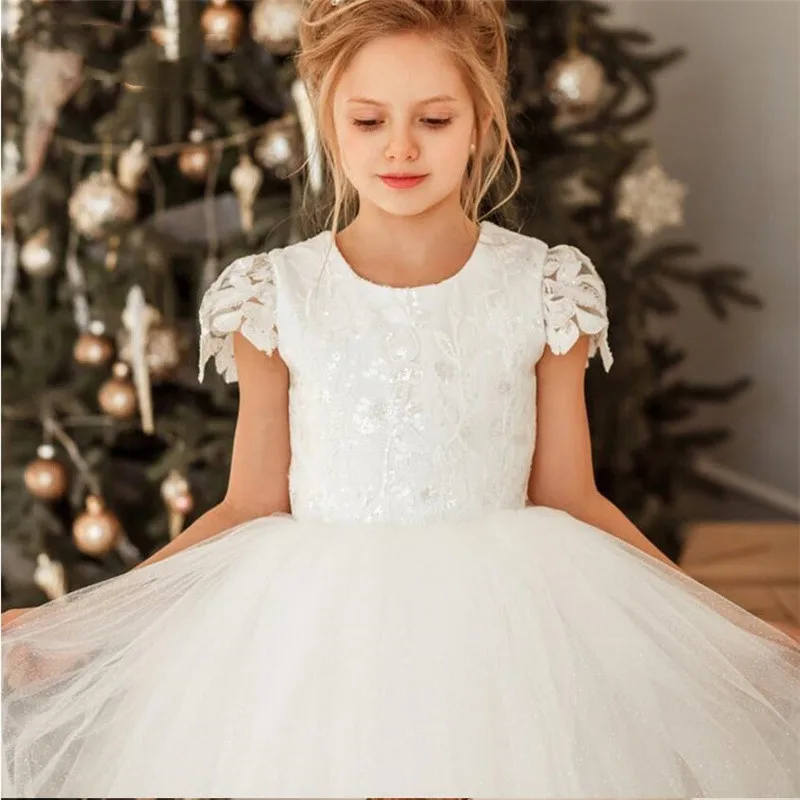 Vestidos de flores para niña, vestido de baile de encaje sin mangas, tul, primera comunión, vestidos de princesa Santa, desfile