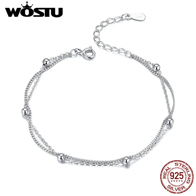 WOSTU Double Layer Bead Links Bracelets For Women Real 925 Sterling Silver Simple Adjustable Chain Party  Jewelry Birthday Gift