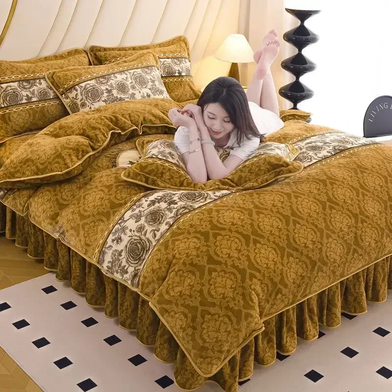 4pcs European Style Flower Plush Duvet Cover Set Thick Winter Four Piece Set Bed Thick Warm Bed Sheet, Bed Skirt, Pillowcases