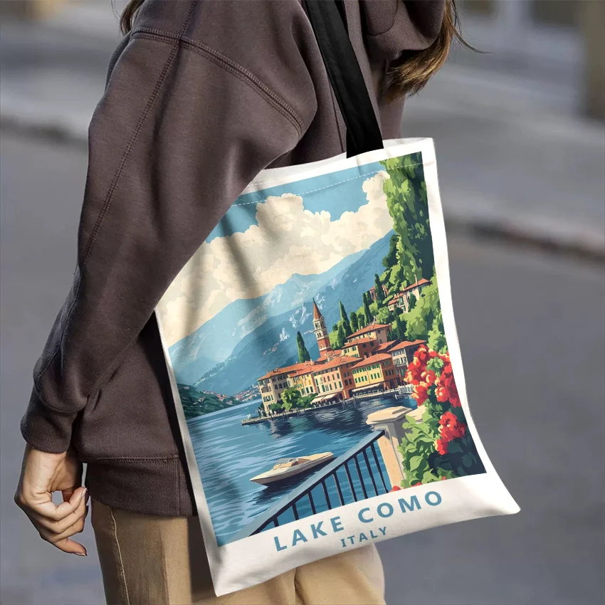 1pc [Tote Bag] 2D Flat Effect, Retro Travel Poster Italian Lake Como Lakeside Colorful Town Lake Scenery Illustration Literary T