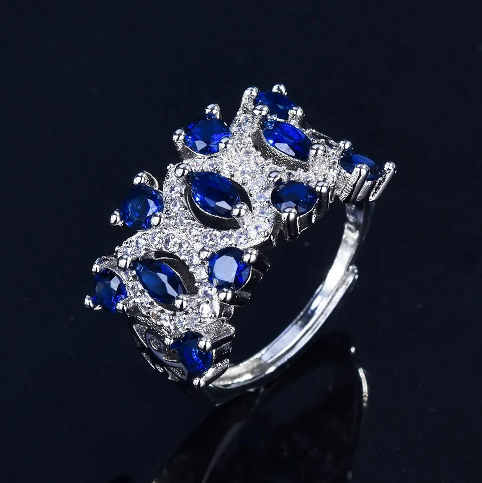 Platinum-Plated Pt950 Imitation Tamsang Sapphire Ring Fashion Personality Colored Gemstone Inlay Jewelry Accessory