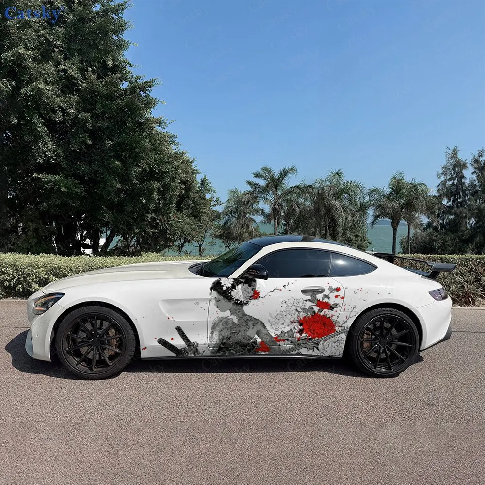 2pcs Ink Wash Beauty & Red Peony Car Side Wraps, Self-Adhesive PVC Waterproof & Scratch-Resistant Stickers, Car Accessory Gift