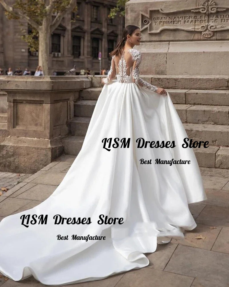 Lism Elegant Wedding Dresses with Pockets Long Sleeves O-Neck Appliques Lace Long Train Button Back For Women Custom Made 2026