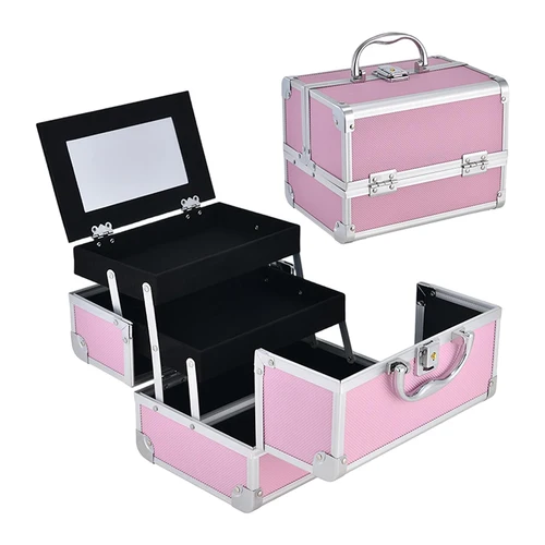 Imagen 1 del producto Caja de maquillaje portátil de 3 capas con espejo y cerradura, organizador de cosméticos extensible para viajes, ideal para cosmetólogos