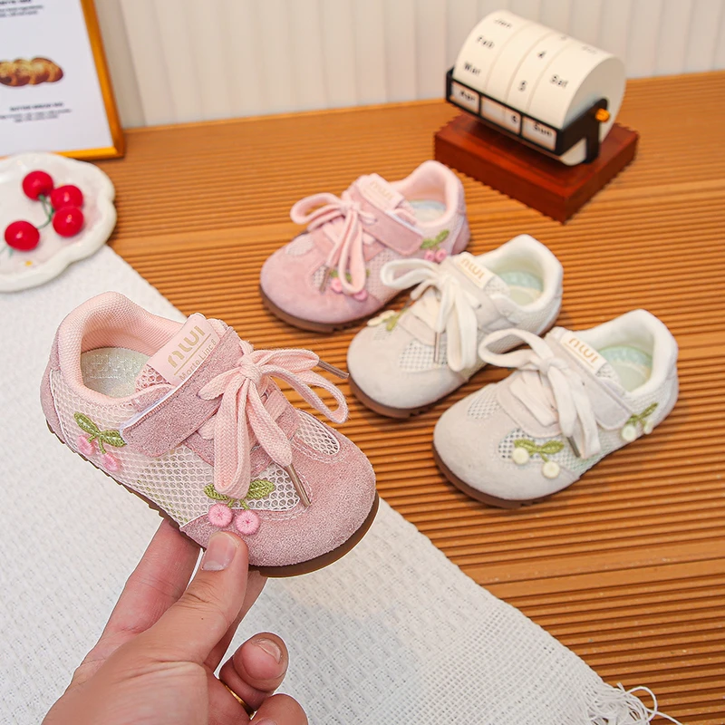2026 Spring New Breathable Children's Shoes Cute Sweet Cherry Embroidery Casual Shoes Soft Bottom Cool Mesh Casual Shoes