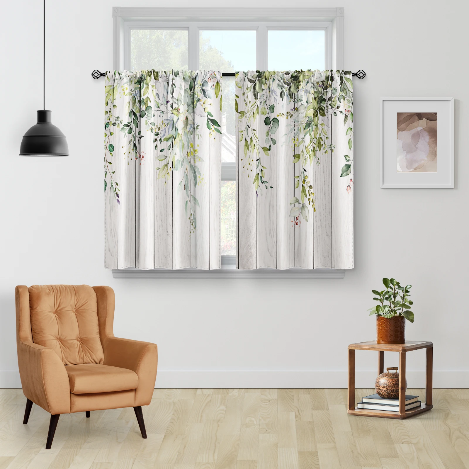 2 Panels Floral Eucalyptus Leaves Kitchen Curtains, Rustic Country Botanical Plant Flowers Spring Short Cafe Tier Curtains Decor