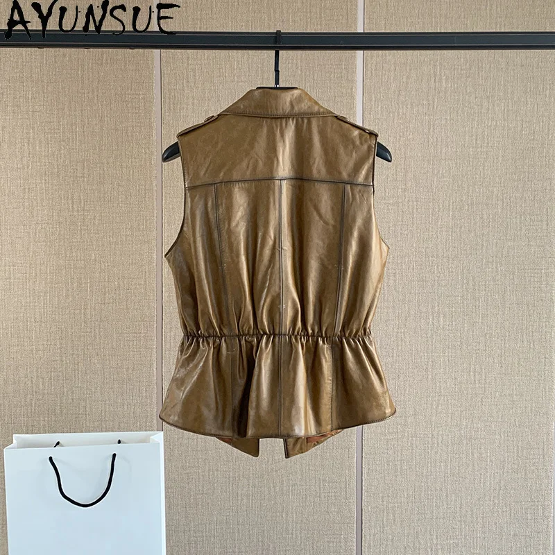 เสื้อกั๊กหนังแกะผู้หญิง AYUNSUE รุ่นใหม่ปี 2025 ดีไซน์เก๋ไก๋ ปกเสื้อแบบปกเชิ้ต ติดกระดุมเม็ดเดียว เสื้อผ้าแฟชั่นสำหรับผู้หญิง Ropa Mujer