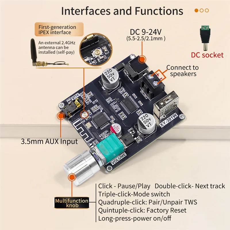 【A10R】Bluetooth Digital Audio Amplifier Board XY-301W Mono 30W TWS True Wireless Speakers Stereo Connection