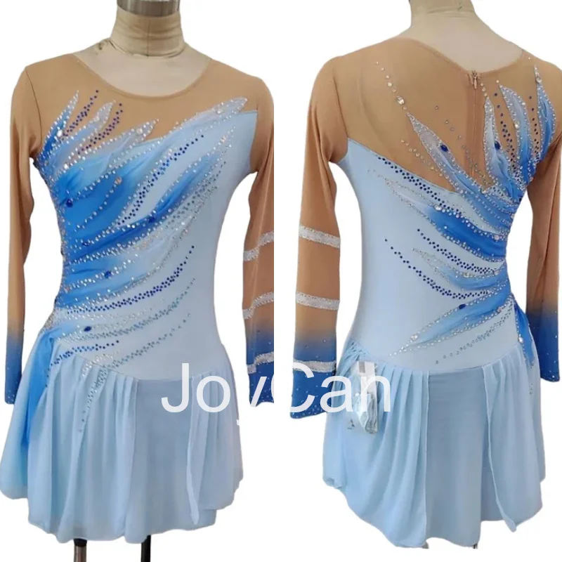 JoyCan Ice Figure  Skating  Dress Girls Blue Spandex Stretchy Competition Dance Wear Customized