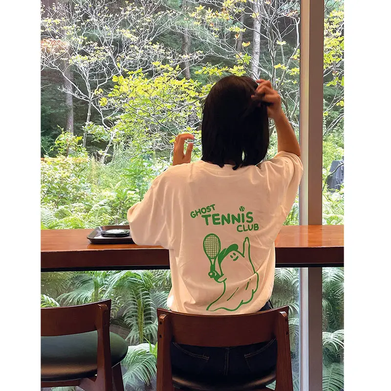 

Niche Balle De Tennis De Style Sport Rétro Américain Pur Coton Impression T-shirt Décontracté À Manches Courtes Pour Femmes