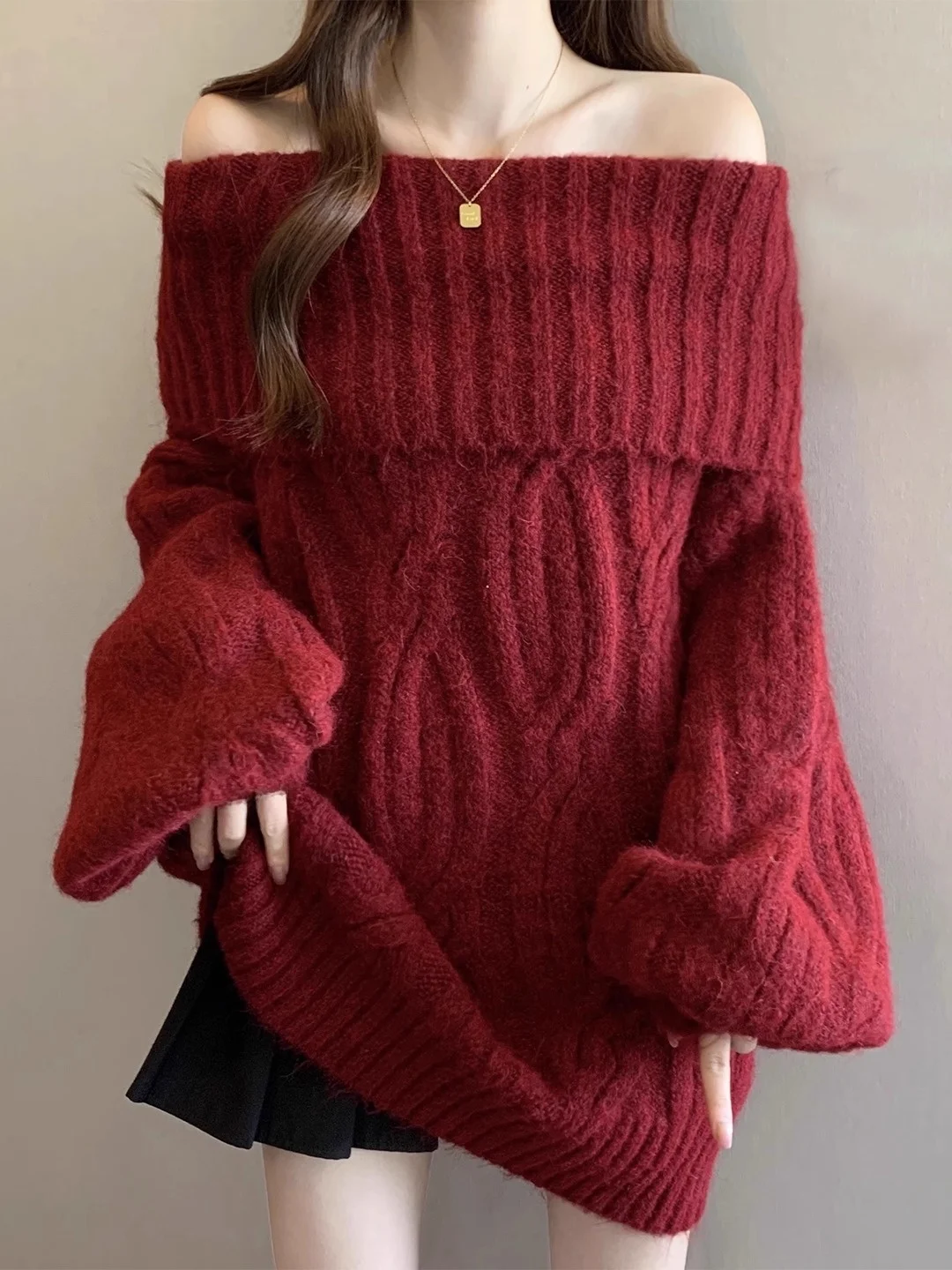 

Женский свитер Ele Red с одним открытым плечом, длинными рукавами, больших размеров, на Новый год, повседневный, свободного кроя, из мягкого полиэстера