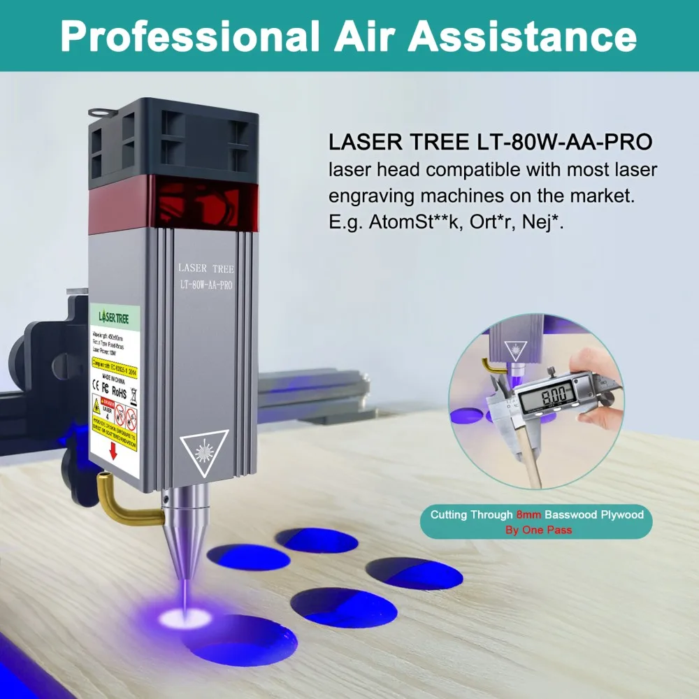 LASER TREE 80W Laser Module Head with Air Assist 450nm Blue Light TTL Module Set for Laser Engraver Wood Cutting Smarter Tools