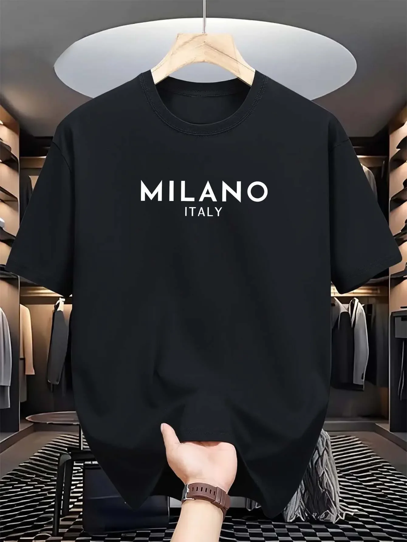 

Summer men's 100% pure cotton casual loose and fashionable MILANO ITALY letter printed round neck short sleeved T-shirt top