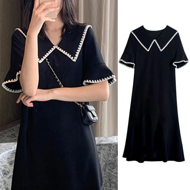 Vintage French Embroidery Peter Pan Collar Black Chic Dresses for Women 2022 Summer Casual Short Sleeve Loose Midi Dress Vestido