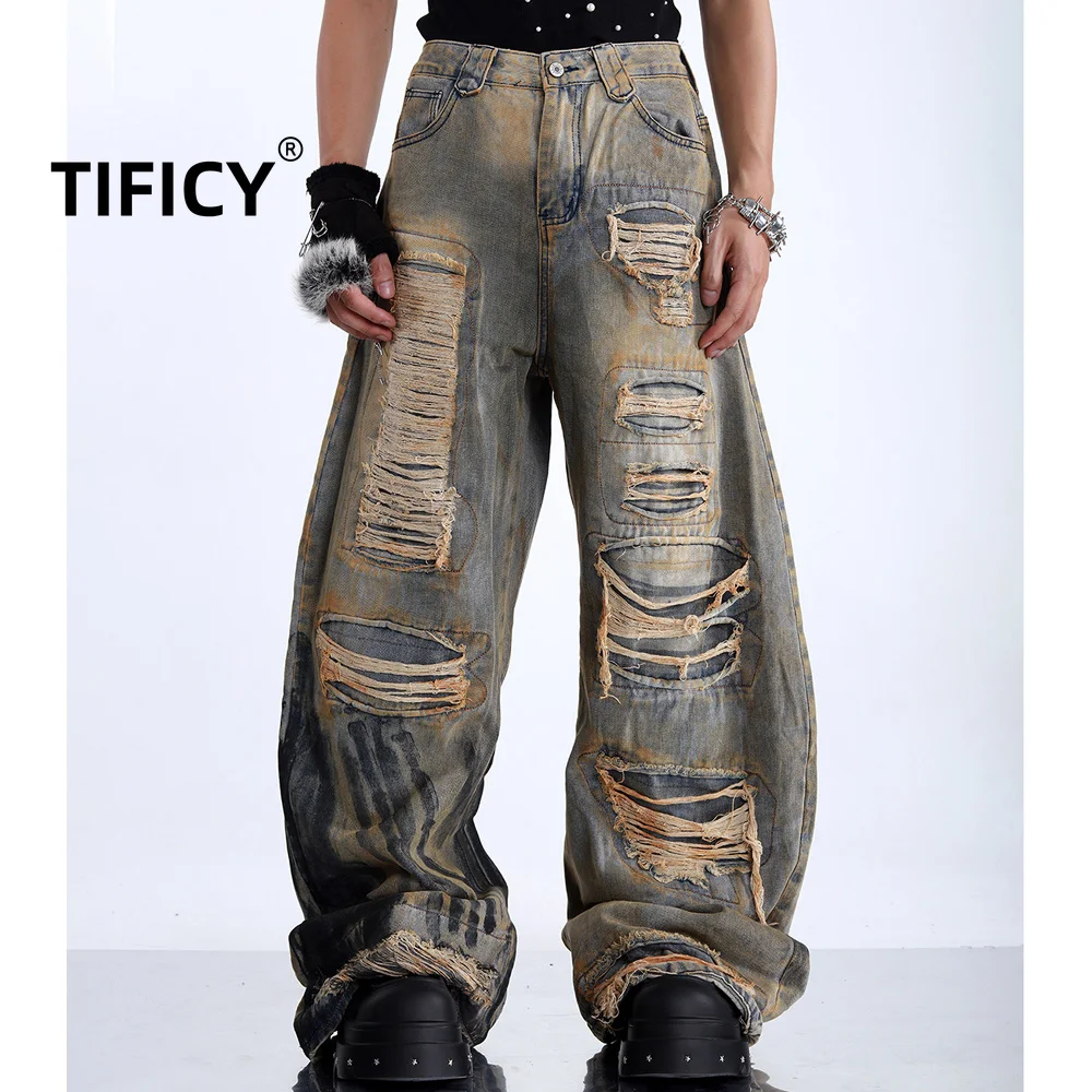 High Street Ripped Jeans Pant Men Grind and Break Holes Casual Loose Wide Leg Fashion Denim Pants