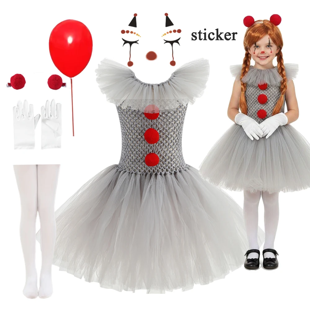 Halloween Costume Girls Gray Tutu Scary Vestidos Joker Dress Kids Cosplay Clown Costume Carnival Party Dress Up