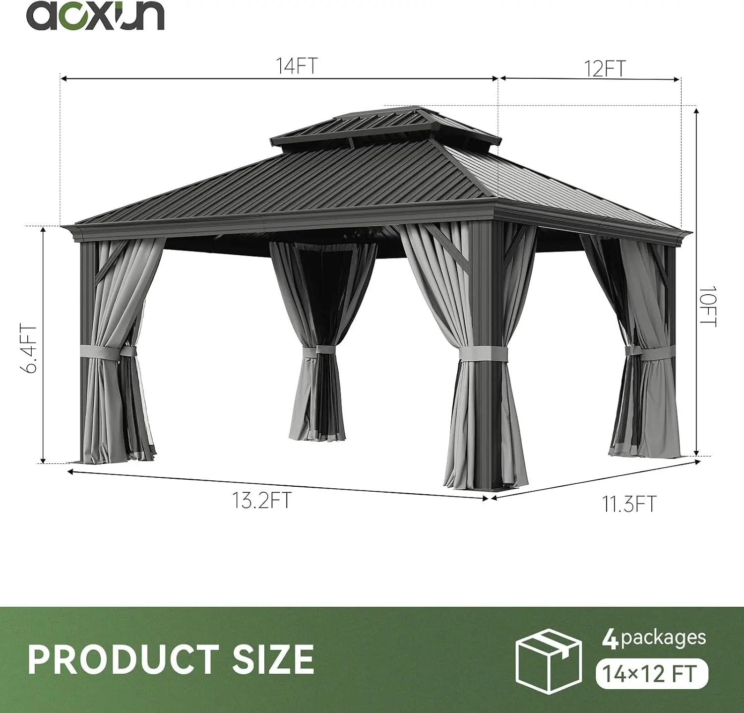 12 x 14 FT Hardtop Gazebo, Large Permanent Outdoor Pavilion with Galvanized Steel Double Roof, Rust-Resistant Aluminum Frame and Mosquito Netting for Patio, Lawn, Deck and Garden, Gray