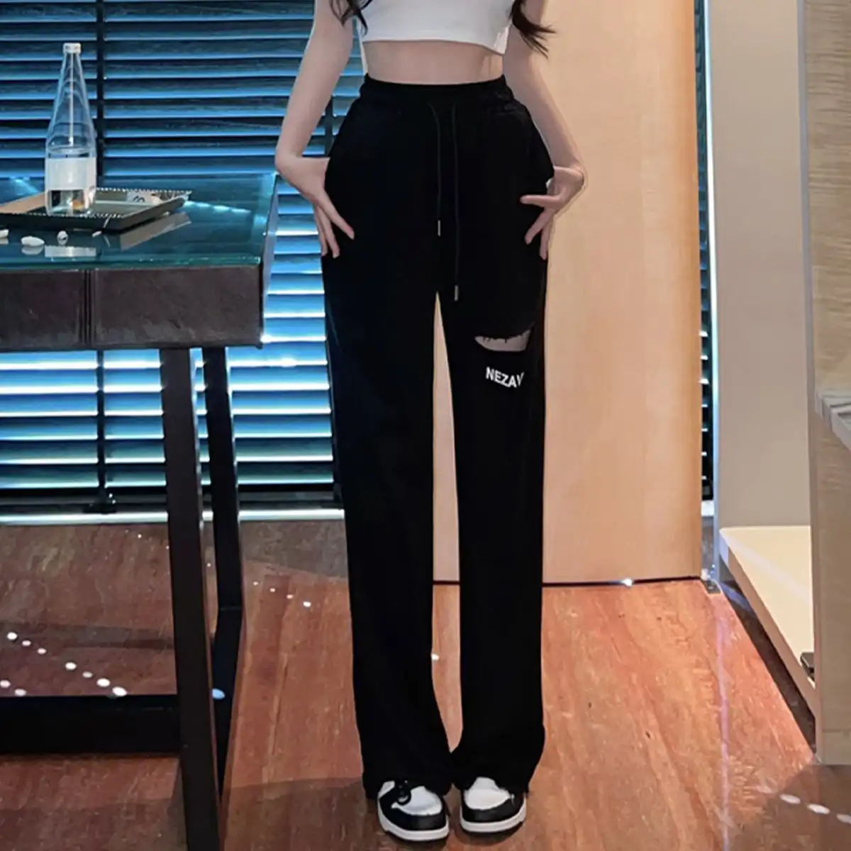 

Korean Chic Summer Design Black High-Waisted Ripped Straight Pants for Small People Drapedy Drawstring Casual Pants for Women