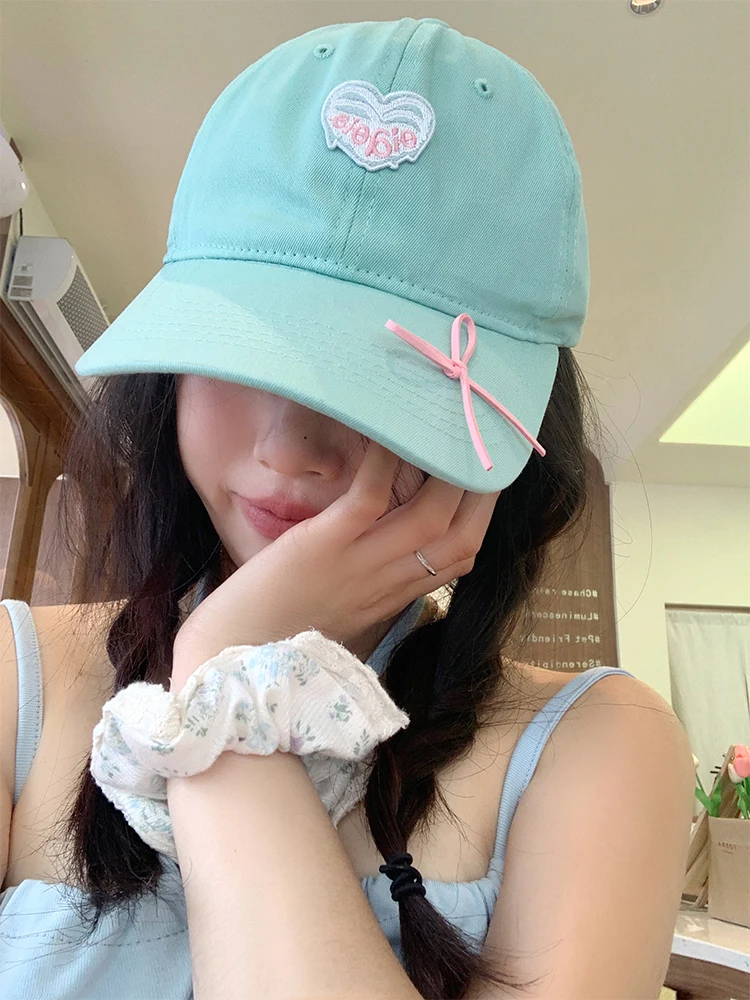 Mint Wave Heart  Knot Wide Brim Baseball Cap Women's Summer Face Slimming Sun Protection Green Hat Casual Style
