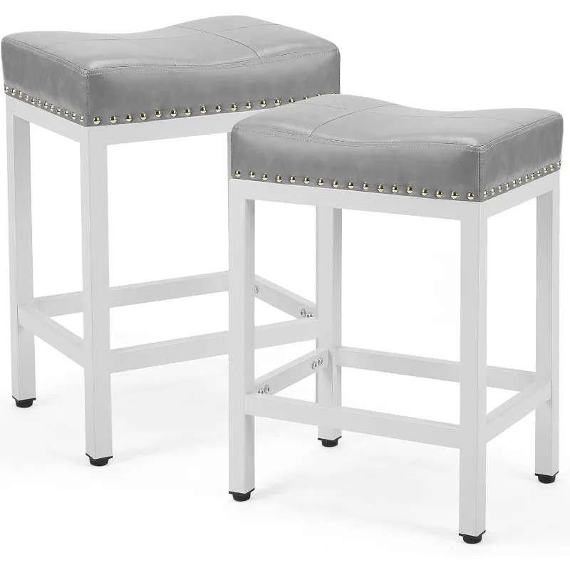 Bar Stools Set of 2， 24 inch Counter Height Bar Stools, Upholstered Modern Kitchen Barstools, PU Leather Stools